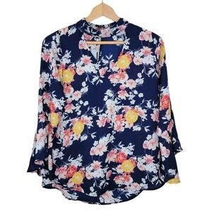 Veronica M Floral Bell Sleeve Blouse Womens XS Navy Pink White Yellow